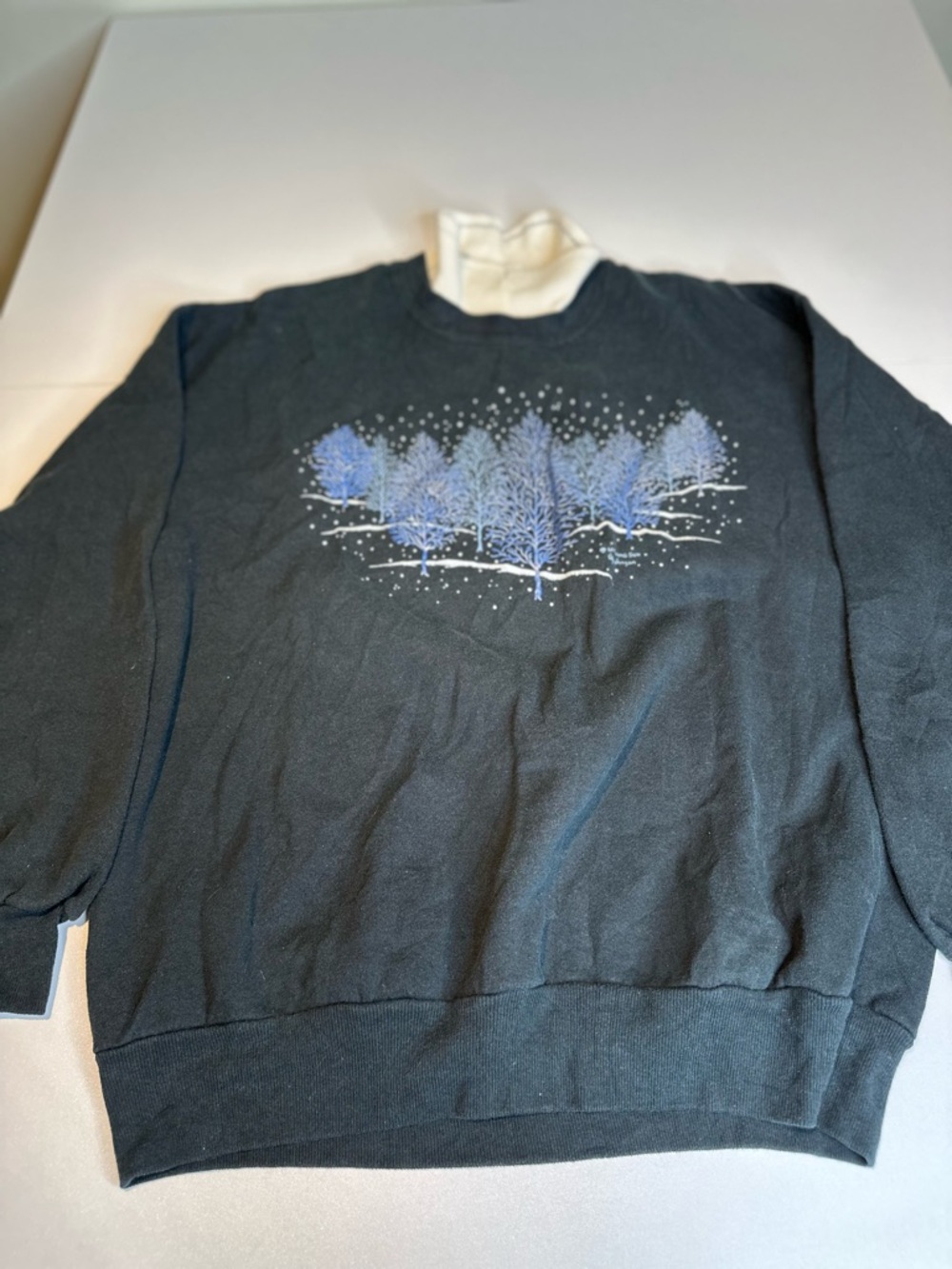 Men's Black Crewneck Sweater with Blue Tree Design